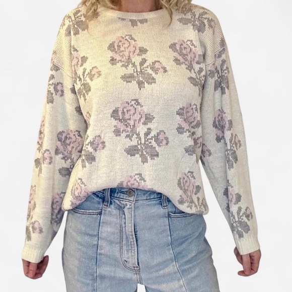 Vintage 80s Kate Collins Womens Sweater M Grandma Floral Roses Retro All Over - Picture 1 of 9